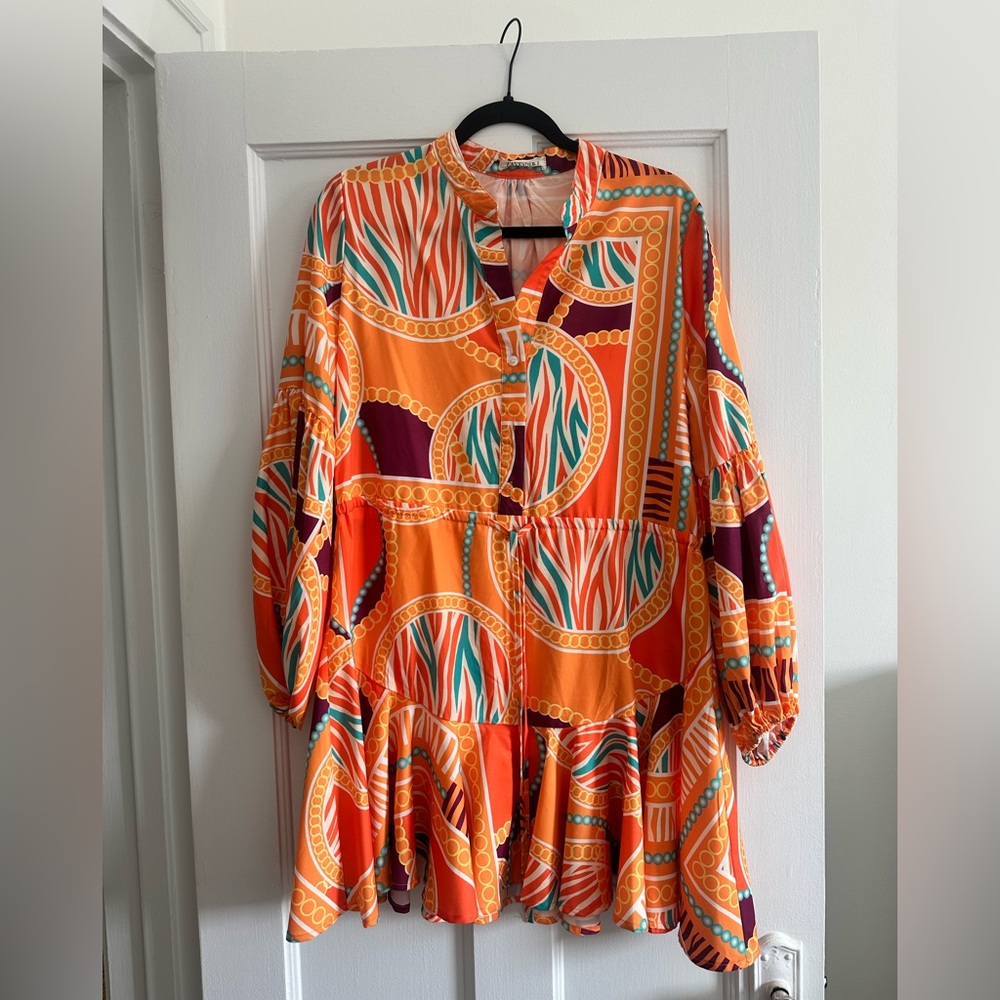 Vibrant Orange Geometric Long Sleeve Dress